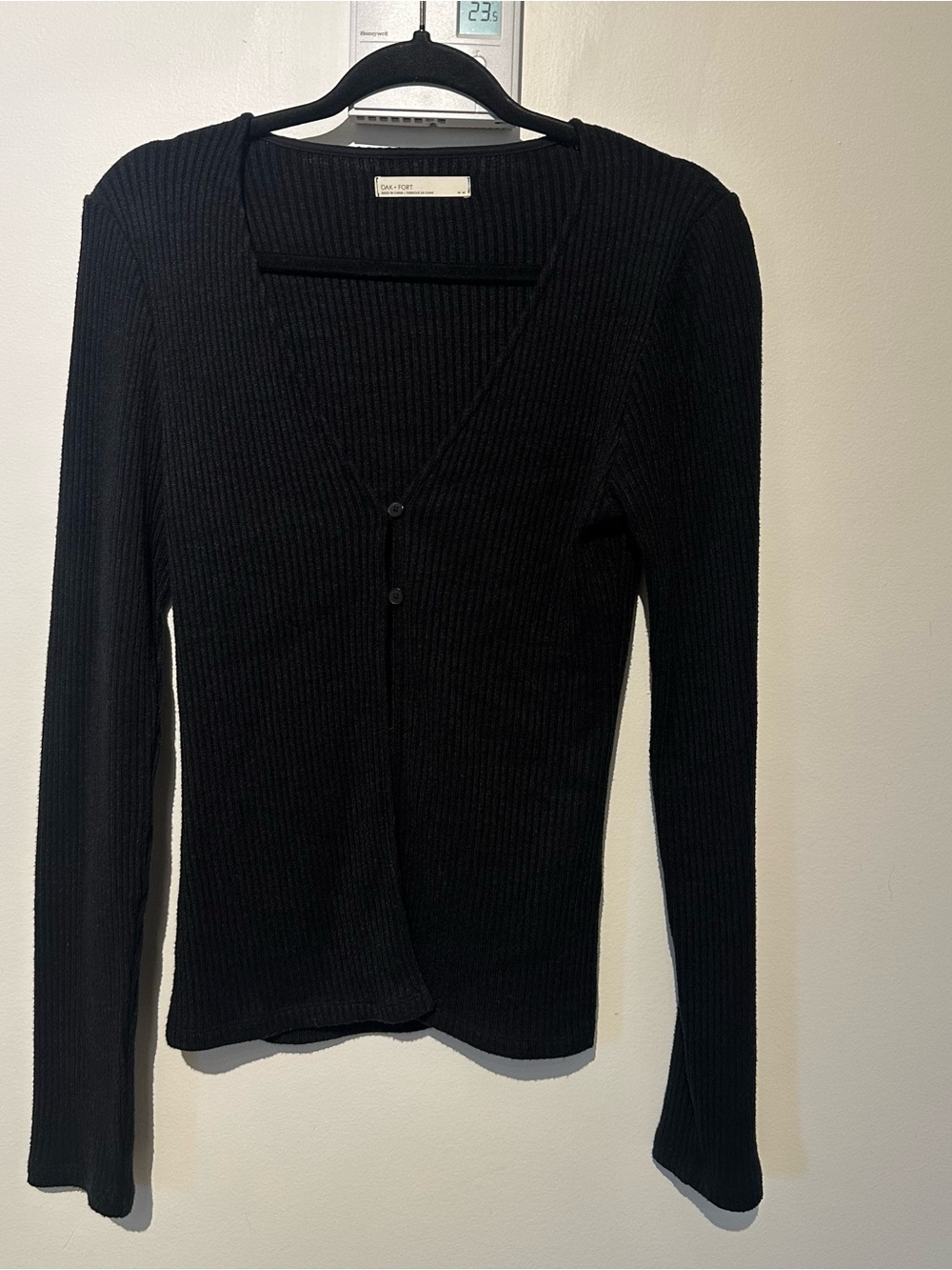 OAK + FORT Black Ribbed V-Neck Button Long Sleevd